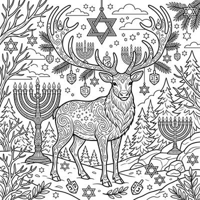 Embark on a creative journey with this enchanting Hanukkah-themed wild reindeer coloring page. Perfect for celebrating the Festival of Lights, it blends nature's beauty with festive tradition.