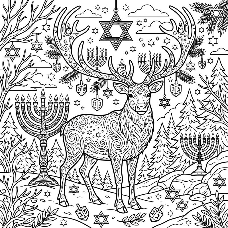 Embark on a creative journey with this enchanting Hanukkah-themed wild reindeer coloring page. Perfect for celebrating the Festival of Lights, it blends nature's beauty with festive tradition.