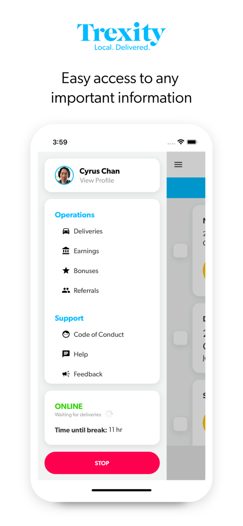 Trexity Driver - Screenshot of the Trexity Driver app menu showing delivery operations earnings and support options
