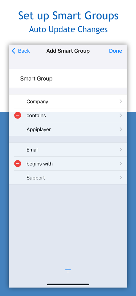 Group RCS SMS and Email - Oberfläche für die Einrichtung intelligenter Gruppen mit automatisierten Filtern in der Group SMS und E-Mail-App