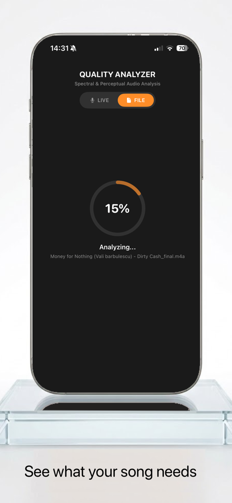 Quality Analizer - Smartphone screenshot showing the Quality Analyzer app analyzing an audio file with a 15 percent progress indicator.