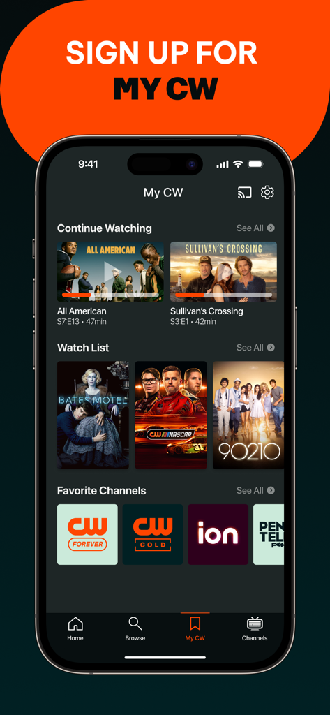 The CW mobile app showing the My CW screen with personalized watch list and continue watching sections