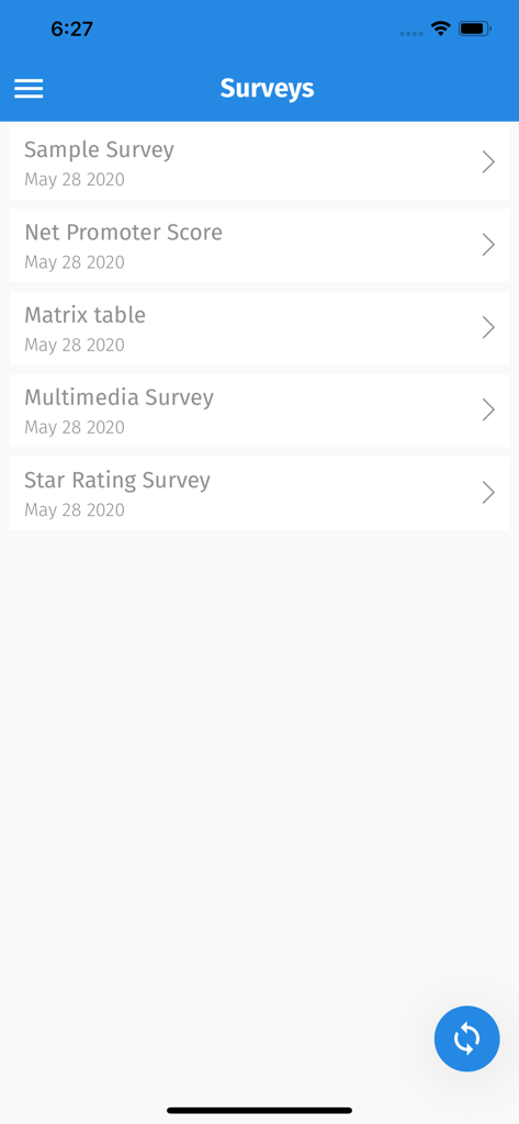 A list of various offline survey types available in the SurveyPocket app including Net Promoter Score and Matrix table.
