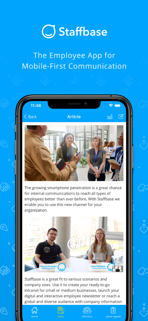 Staffbase Employee App - Pantalla móvil mostrando la interfaz de la App de Empleados Staffbase con un artículo corporativo y navegación para comunicaciones internas