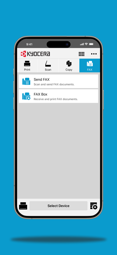 KYOCERA Mobile Print app interface displaying fax options including Send FAX and FAX Box for business professionals
