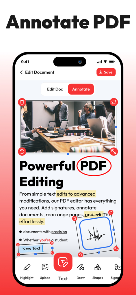 PDF Editor, Edit PDF Documents - Captura de pantalla de un iPhone de una aplicación de editor de PDF mostrando herramientas de anotación como resaltar texto, rodear palabras y añadir firmas electrónicas a un documento.