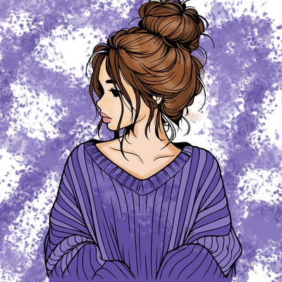 realistic girl wearing a messy bun and an oversized sweater