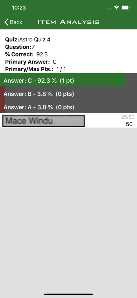 ZipGrade - ZipGradeアプリの画面。解答のパーセンテージと生徒データを含むクイズの項目分析を表示。