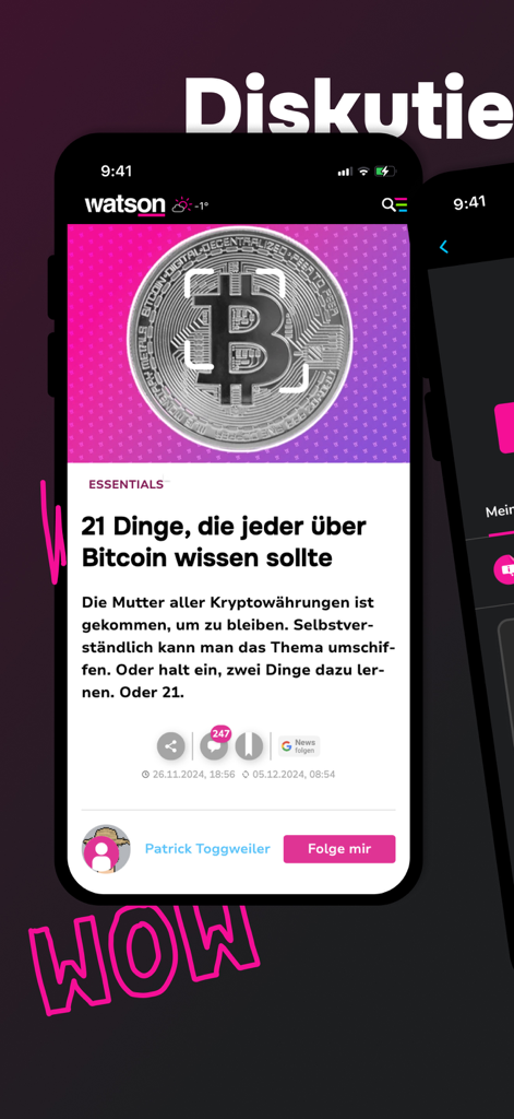 watson News - Mobile interface of the watson News app displaying an article about Bitcoin with a follow author button
