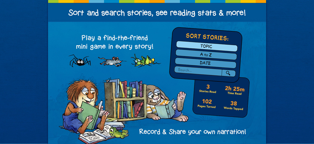 Little Critter Library app interface showing reading statistics and story sorting features.