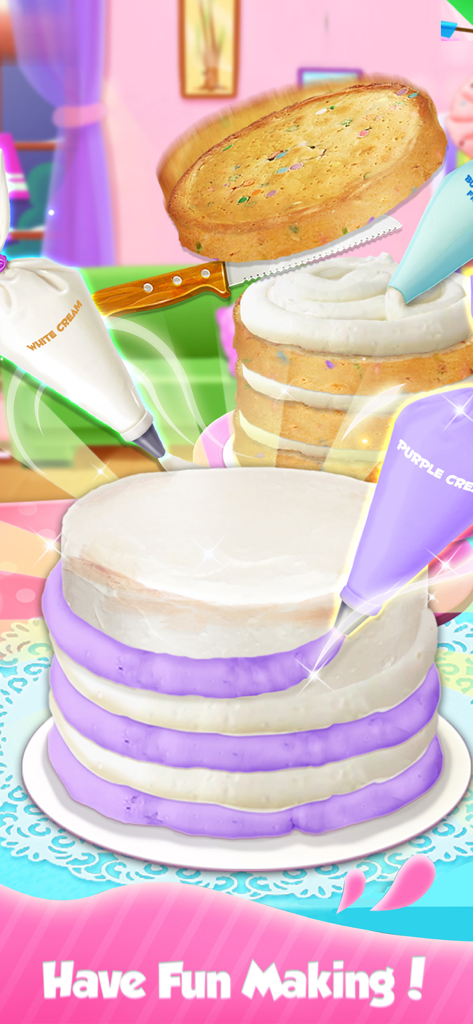 Mobile game interface showing a layered cake being decorated with purple and white frosting from piping bags