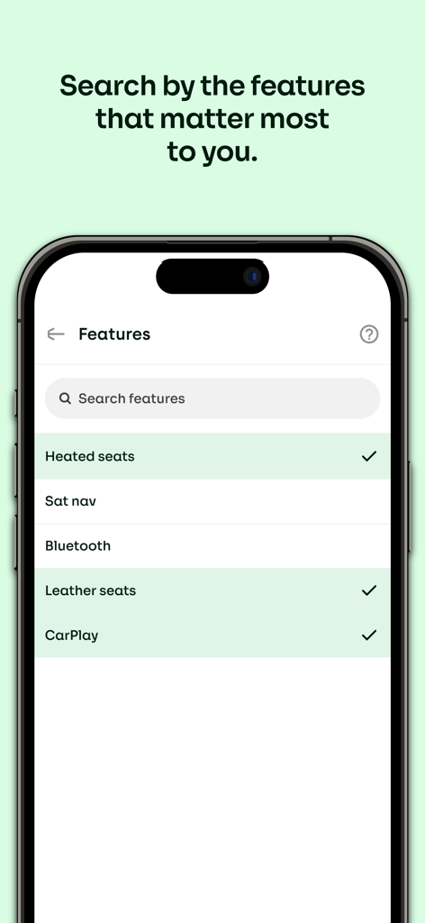 Cazoo: Buy Used Cars - Cazoo app screen showing a list of car features like heated seats and CarPlay for filtering used car searches
