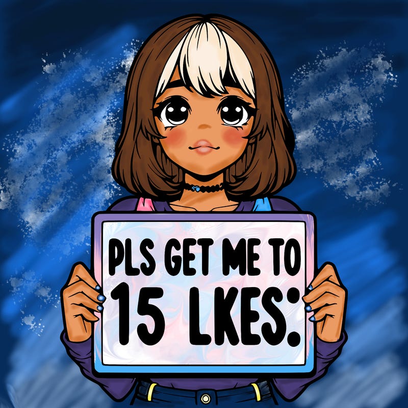 realistic girl holding up a sign that says “pls get me to 15 likes!”