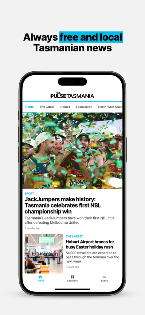 Pulse Tasmania news app home screen showing local news headlines on an iPhone