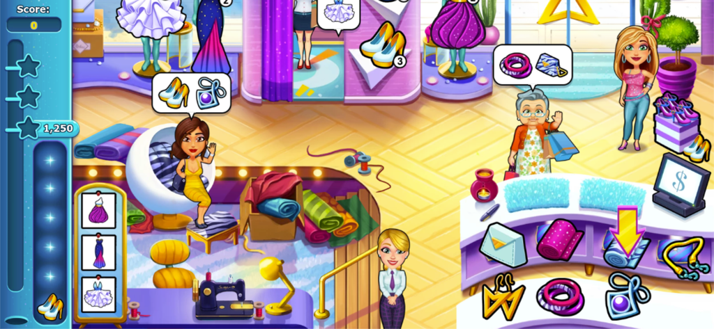 Gameplay screenshot of Fabulous Angela managing a fashion boutique in New York with customers and various accessories