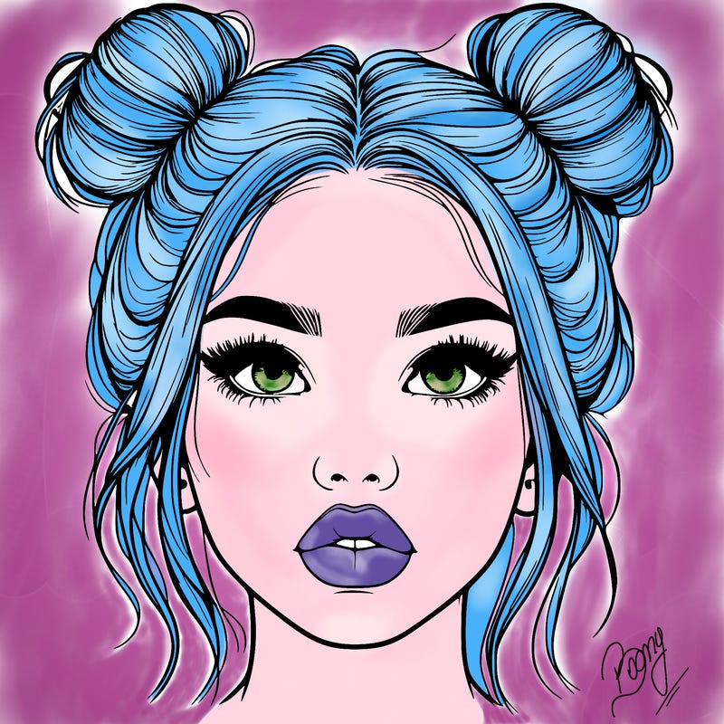 realistic girl with two buns on her hair and lips