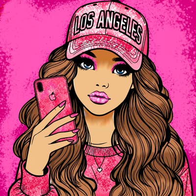realistic beautiful girl wearing los ángeles cap holding an iphone