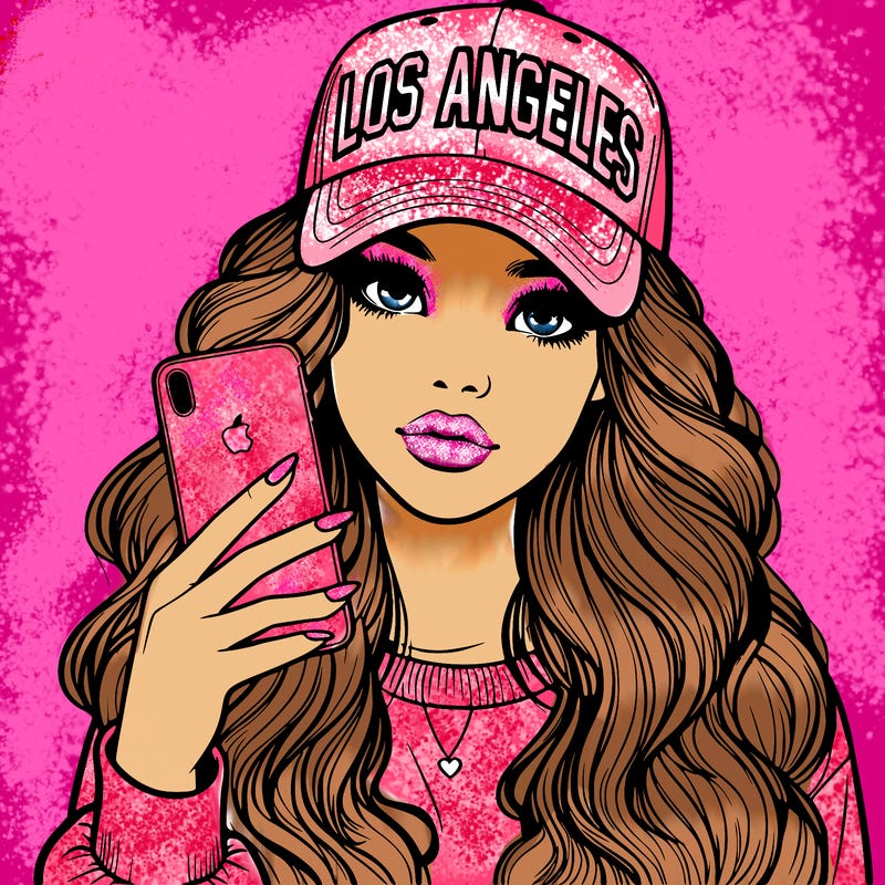 realistic beautiful girl wearing los ángeles cap holding an iphone
