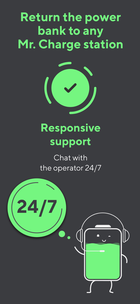 Mr. Charge - Mr. Charge app screenshot highlighting 24-7 customer support chat and flexible power bank return options
