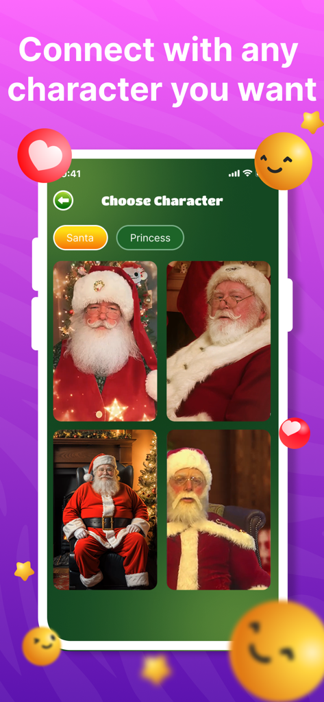 Screenshot of character selection screen in the Fake Call app showing various Santa Claus characters for video calls