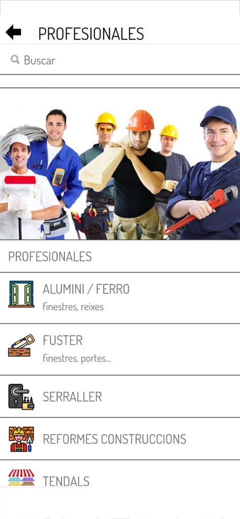 Uno schermo di un'app mobile che mostra una directory di professionisti locali tra cui fabbri, falegnami e serraturieri con un'immagine di copertina di operatori di servizi.