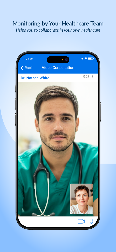 ContinuousCare Health App - A video consultation screen within the ContinuousCare Health App featuring a doctor and patient.