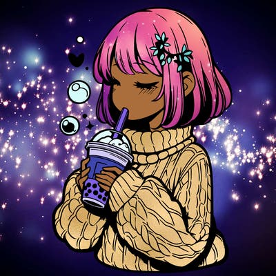 manga girl drinking boba in cozy sweater