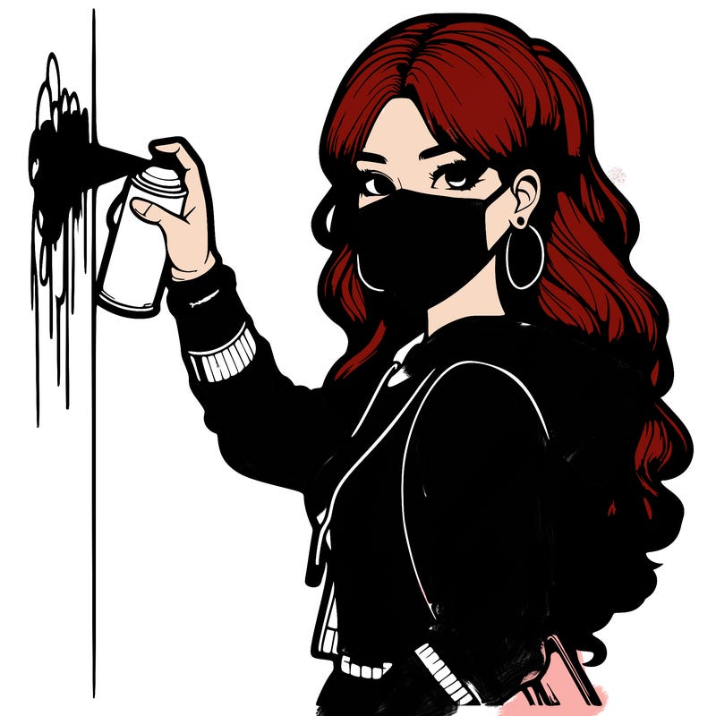 realistic girl with mask spray painting a wall