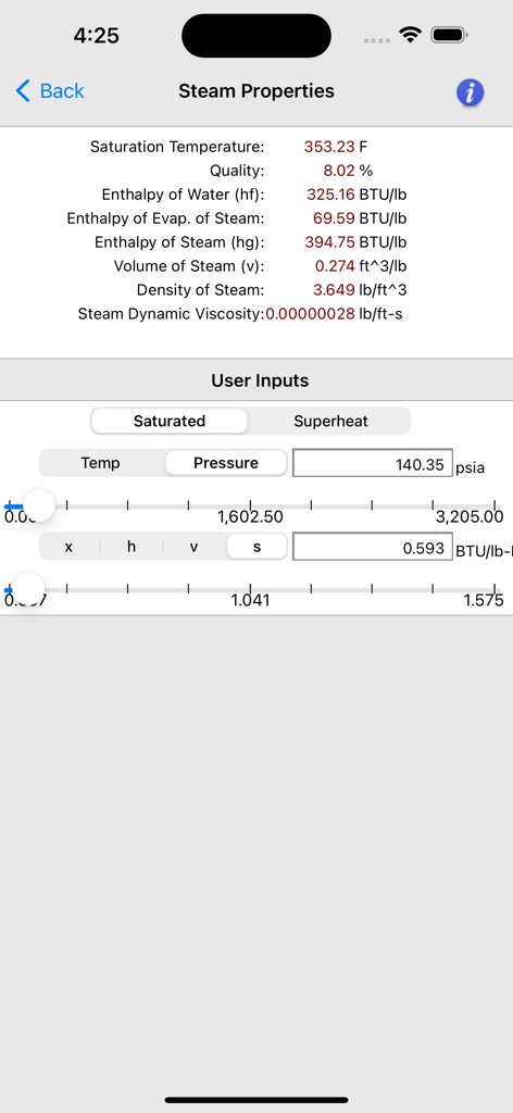 Technical interface of the Steam Tables app showing calculated properties like temperature and enthalpy for saturated steam