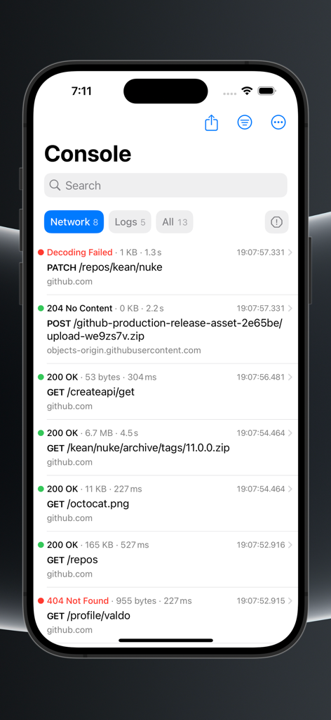 Pulse app console view displaying a list of network requests, status codes, and decoding errors.