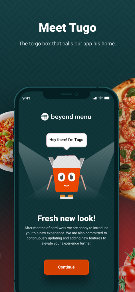 Beyond Menu Food Delivery - 비욘드 메뉴 앱 환영 화면, Tugo 테이크아웃 박스 캐릭터와 새로운 디자인 공지가 표시됨.