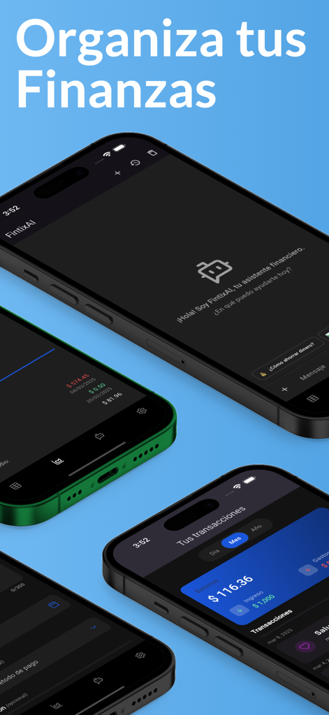 FintixAI - Expense Control IA - FintixAI mobile app screenshots showing AI financial assistant and transaction history in dark mode