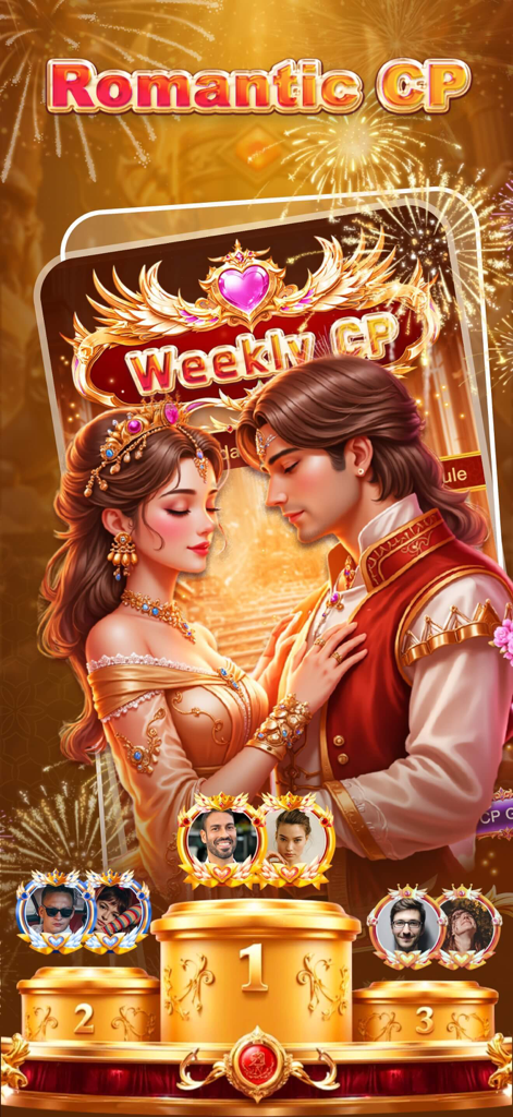 UME- Group Voice Chat Rooms - Screenshot dell'app UME che mostra la classifica settimanale Romantic CP con coppie di utenti su un podio dorato.