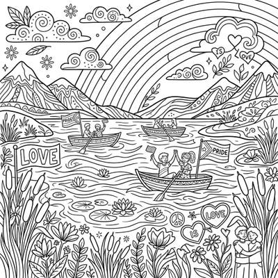 Float into a beautiful scene of freshwater lakes adorned with Pride symbols and joyful people. This intricate coloring page captures the spirit of love and community in a serene natural setting.