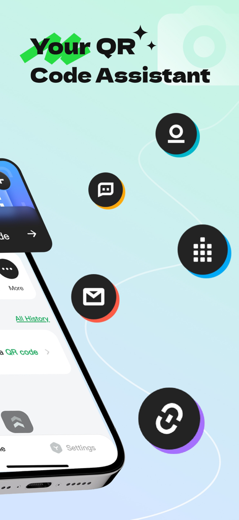 QR Scanner - Create, Scan - QR Scanner app displaying features for creating and scanning QR codes including history and social profile cards