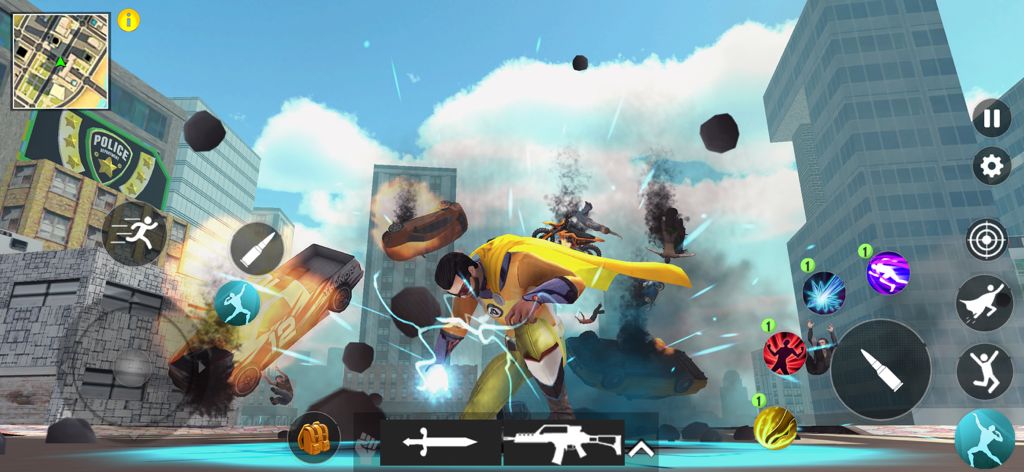 Flying Hero City Crime RPG - A superhero with a yellow cape performs a powerful ground slam in a city causing cars and motorcycles to fly into the air