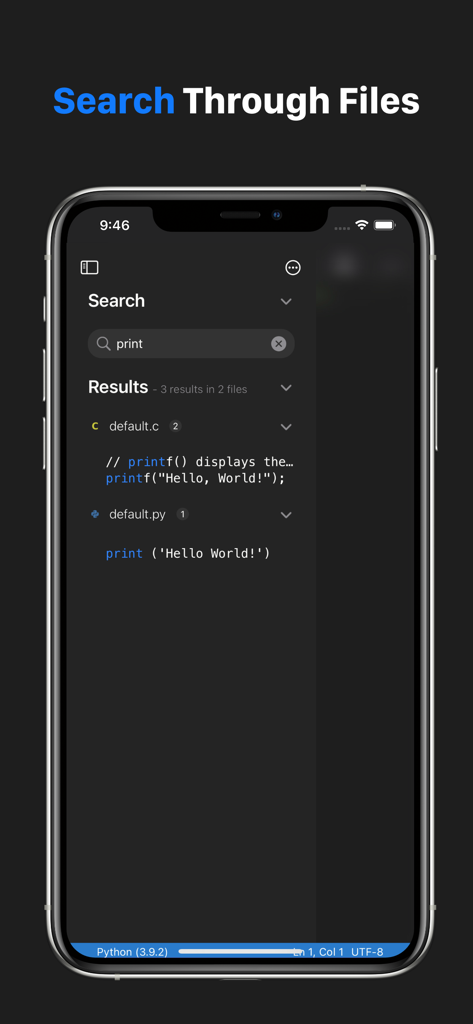 Code App - A mobile phone screen showing the search feature in Code App with results for the term 'print' in C and Python source code files.