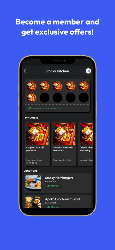 Fides app screen showing a digital stamp card for Smoky Kitchen and exclusive restaurant coupons