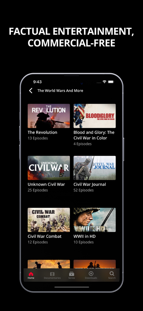 HISTORY Vault - Una pantalla de smartphone que muestra la aplicación HISTORY Vault con una lista de documentales históricos como The Revolution y WWII en HD