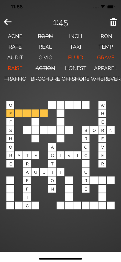 Word Fit : Fill-it-in - Word Fit Fill-it-in game screen with a crossword grid and word list in dark mode