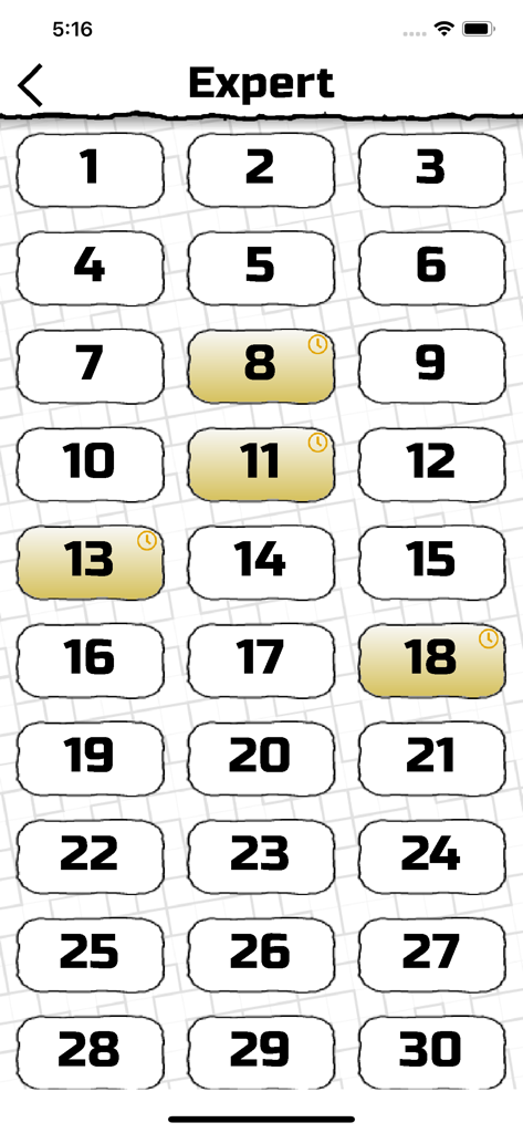 Suguru - Expert level selection screen in the Suguru logic puzzle app showing numbered buttons for levels 1 to 30