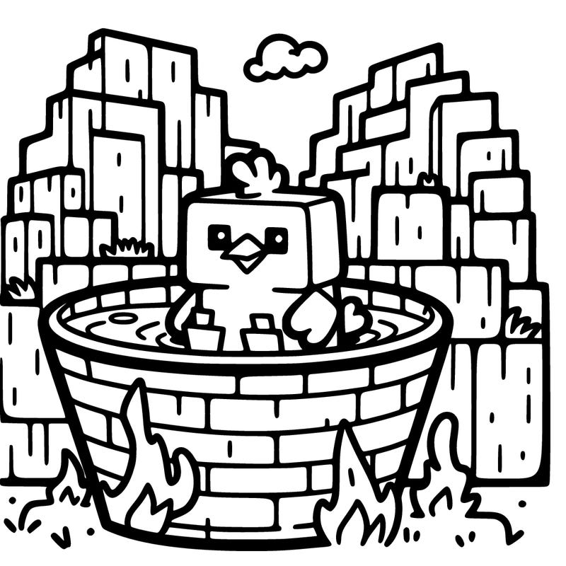 chicken sitting in a bucket of lava from minecraft