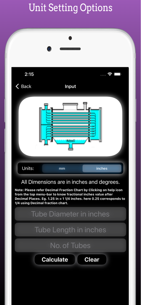 Schermata di input dell'app Heat Exchanger Area Pro che mostra i campi delle dimensioni dei tubi e la selezione dell'unità
