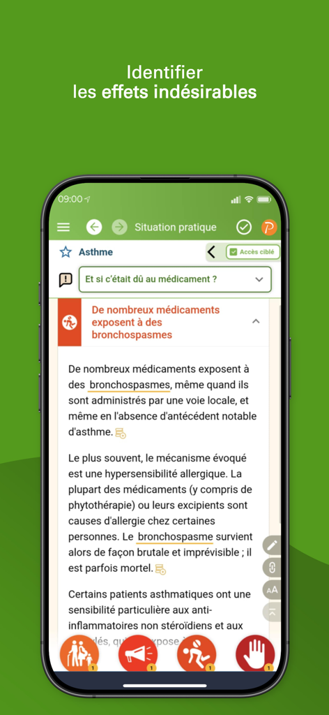 Guide Prescrire - A medical screen from the Guide Prescrire app identifying adverse drug effects related to asthma treatments