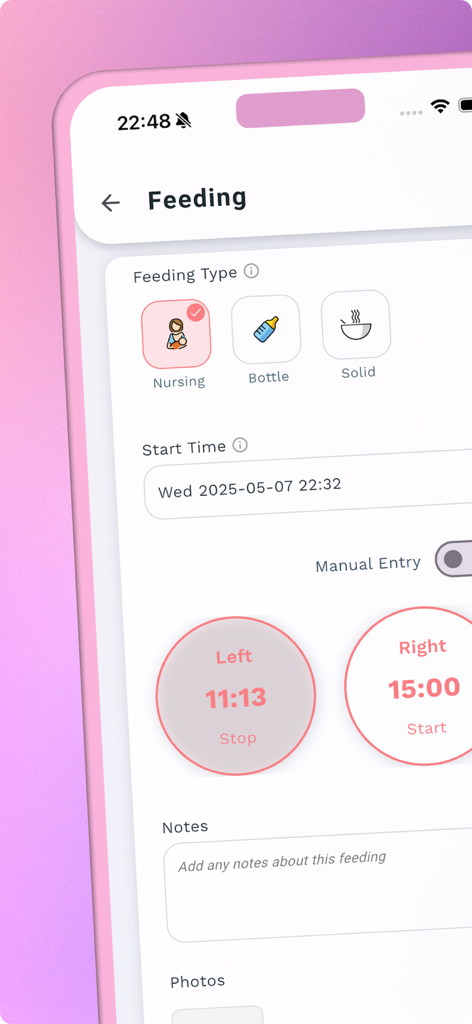 Bloom Baby Tracker - Auto Log - Interface of the Bloom Baby Tracker app showing a feeding log with timers for nursing on the left and right sides.