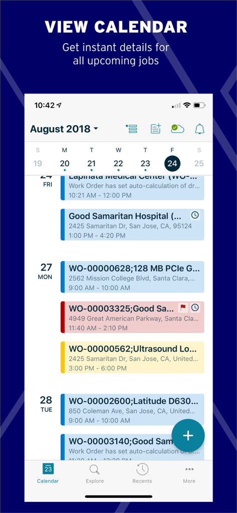 ServiceMax Go mobile app displaying a calendar view of scheduled field service work orders