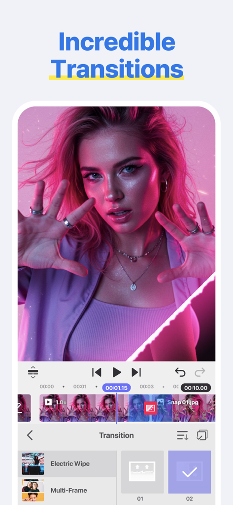 Spring - Video Editor - Smartphone screen showing the transitions editing feature in the Spring Video Editor app with a pink aesthetic video clip