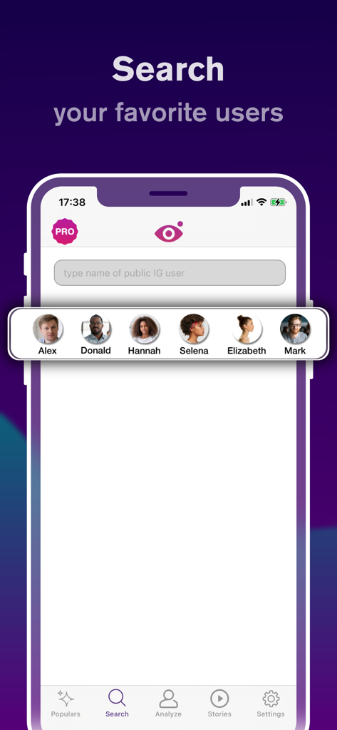 Profile Reports Tracker - Interfaccia dell'app Profile Reports Tracker che mostra una barra di ricerca per trovare e monitorare profili Instagram pubblici