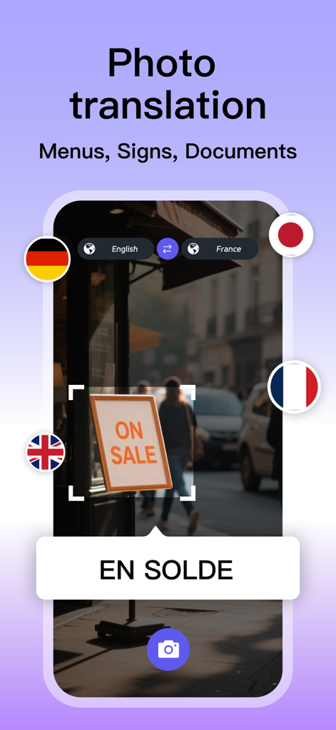Uma tela de celular mostrando o recurso de tradução de fotos do aplicativo Tradutor IA traduzindo um sinal de 'Promoção' para francês