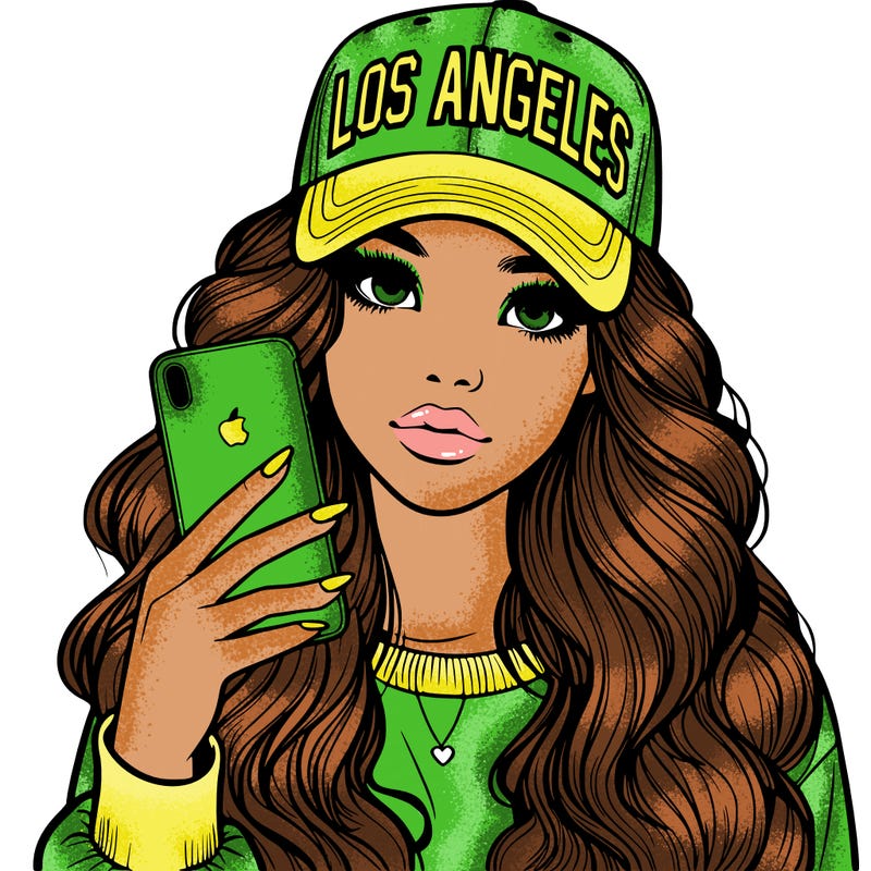 realistic beautiful girl wearing los ángeles cap holding an iphone